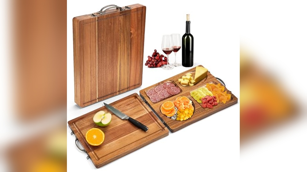 Double-Sided Acacia Wood Serving Tray with Metal Handles